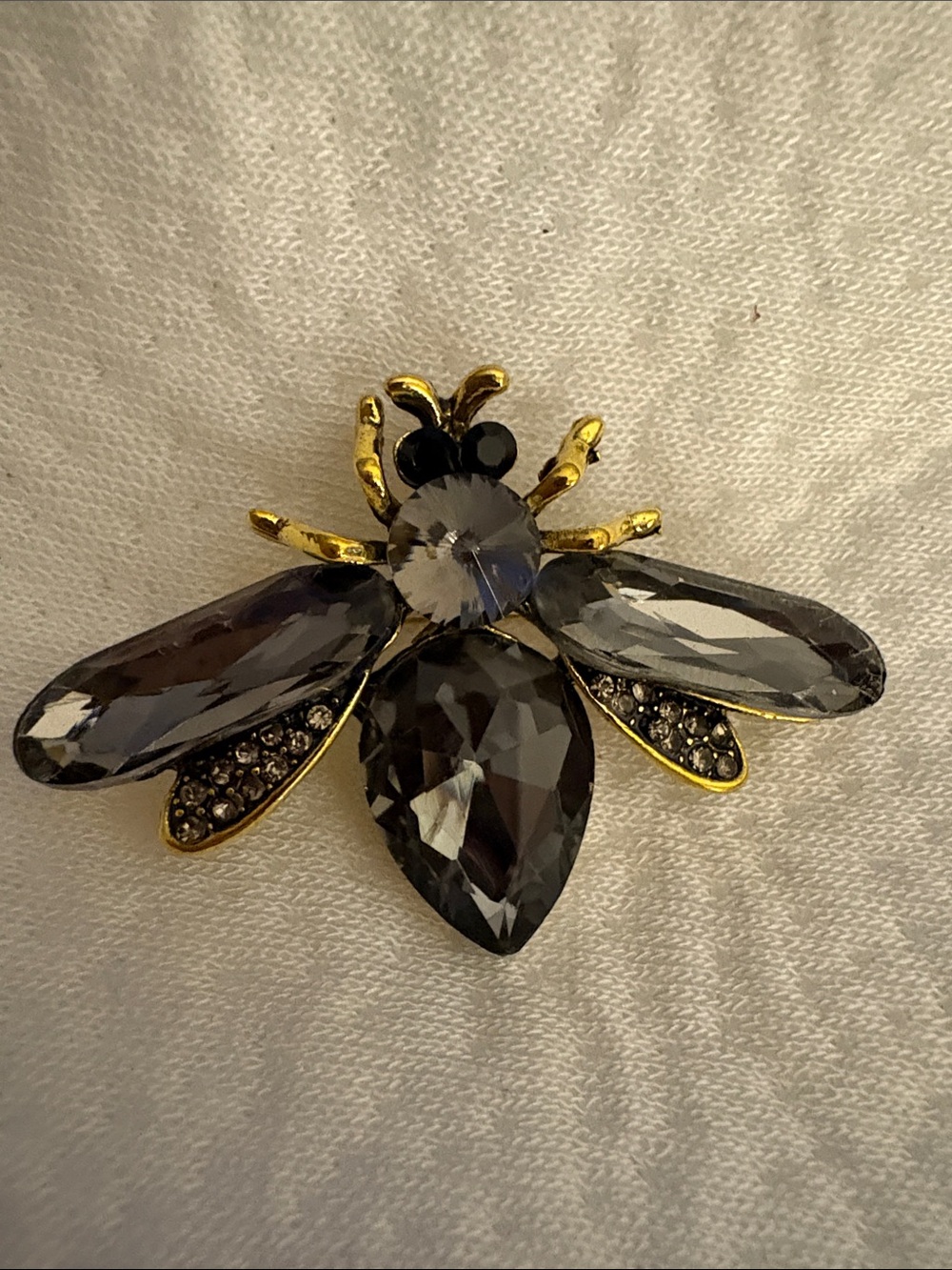 Gold Bee Brooch with Smoky Gray Crystals